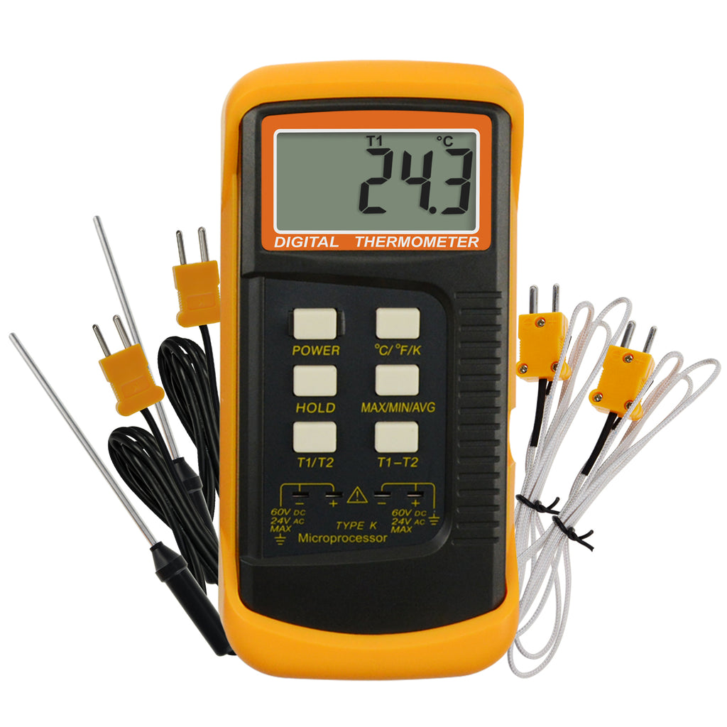 Digital 2 Channels K-Type Thermometer W/ 4 Thermocouples (Wired & Stainless  Stee
