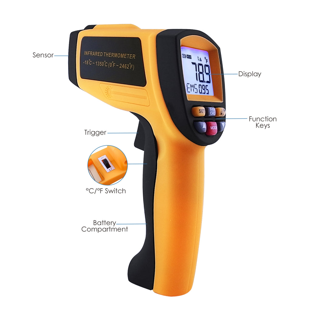 IR Infrared Thermometer Non-Contact Laser IR Temperature Gun with  Adjustable Emissivity, HD Backlight LCD Temp Display for Kitchen  Cooking/Industrial