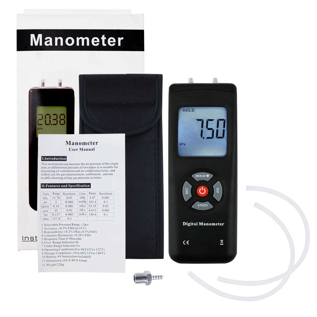 Differential Manometer, LED Backlit Screen Handheld Gas Pressure