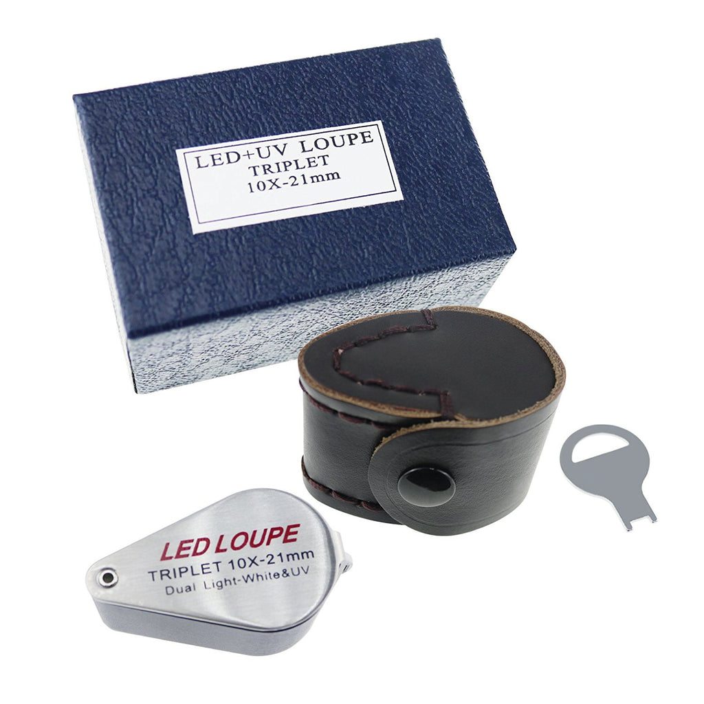 10x 21mm Loupe Jeweler Magnifier LED UV Light Triplet Lens Magnifying Gem Optical Tool Achromatic Aplanatic Foldaway Pocket Black Frame for Inspectin